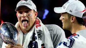 Rob Gronkowski e Tom Brady, con i New Enland Patriots, nella vittoria al Super Bowl XLIX.