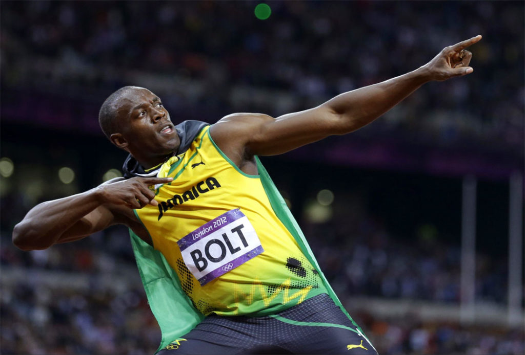 L'esultanza tipica di Usain Bolt, ai Giochi di Londra 2012.