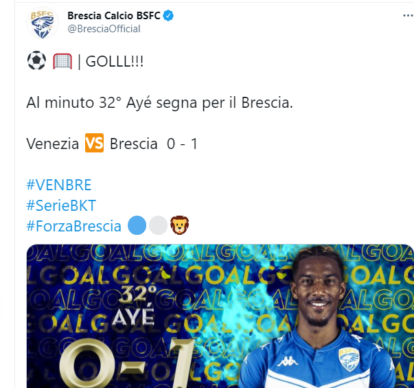 Ayè decide la partita Venezia-Brescia