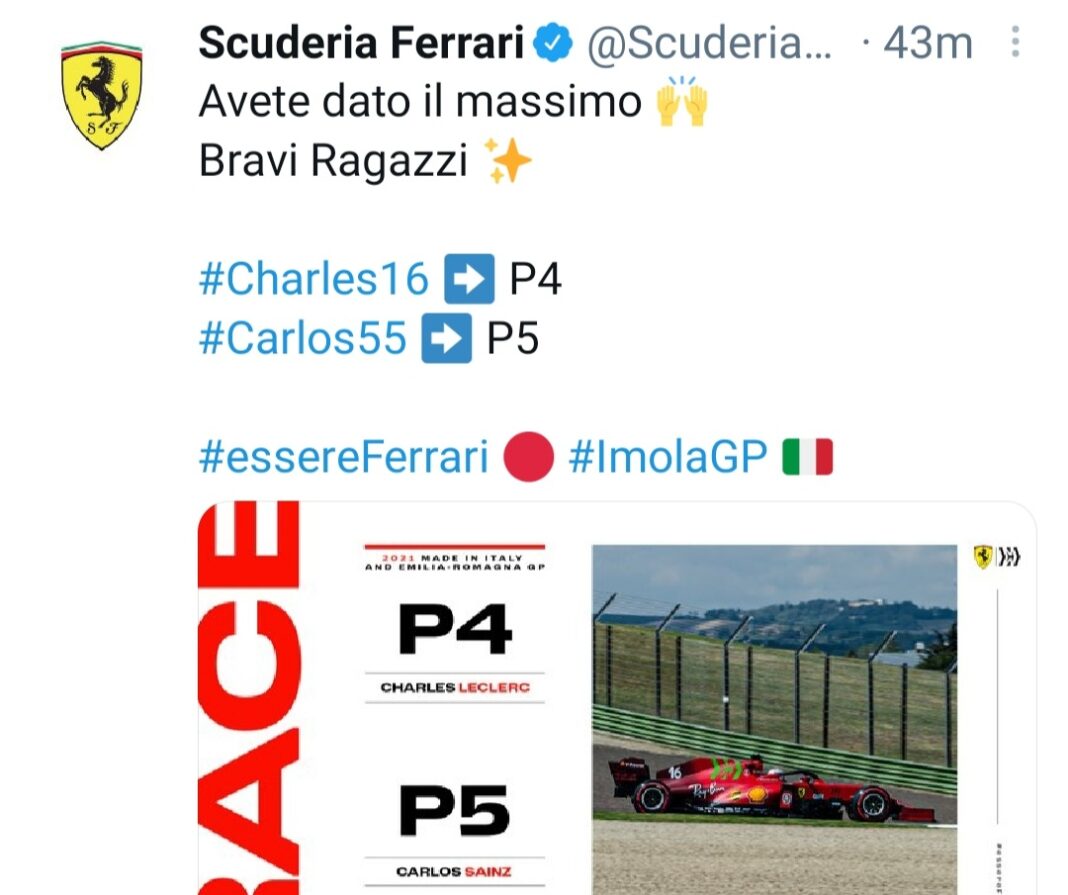 Dichiarazioni Ferrari post Gp Emilia-Romagna