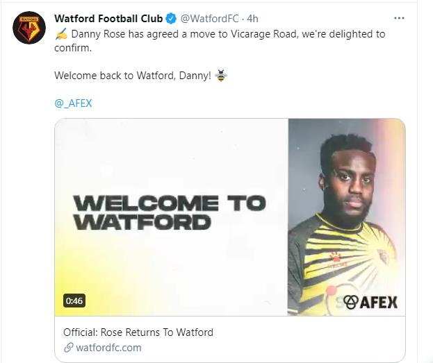 Danny Rose torna al Watford