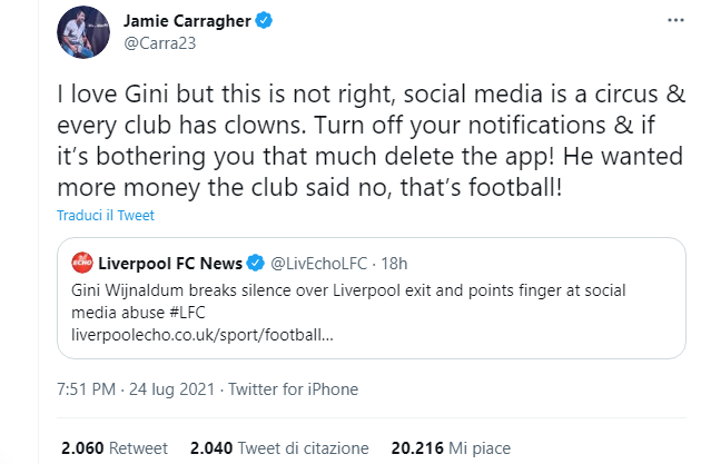Carragher tuona contro Wijnaldum: “Hai lasciato Liverpool per soldi”
