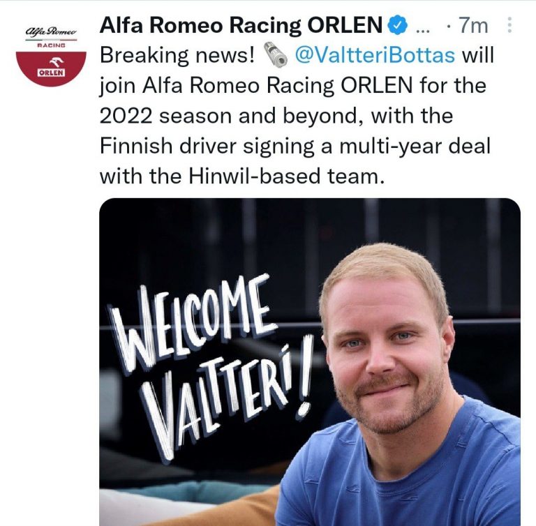 Bottas sarà un pilota Alfa Romeo dal 2022